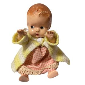 Antique Composition Baby Doll 1930s – Crochet Sweater & Gingham Dress